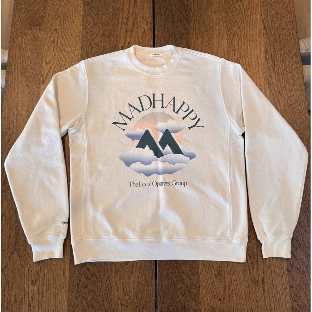 Madhappy Local Optimist Fleece Crewneck Sweatshirt Unisex Sz S White Graphic